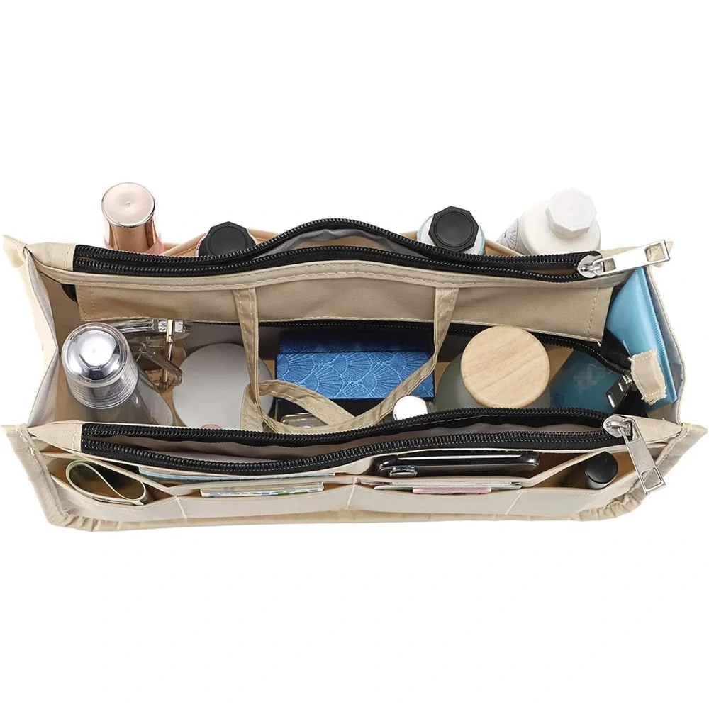 Tan bag insert Organizer with Structured Design and Handle for totes and purses
